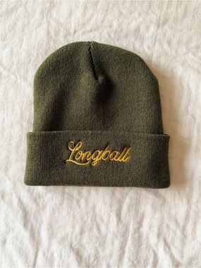 Longball Olive Knit Beanie with Gold Script NEW